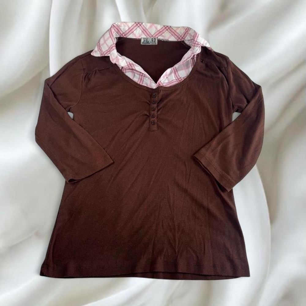 Pink plaid collared brown henley long sleeve top office siren Y2K vintage